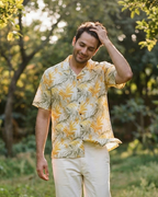 Golden Palms - Sanganeri Print - Unisex Pure Cotton Cuban Collar Shirt