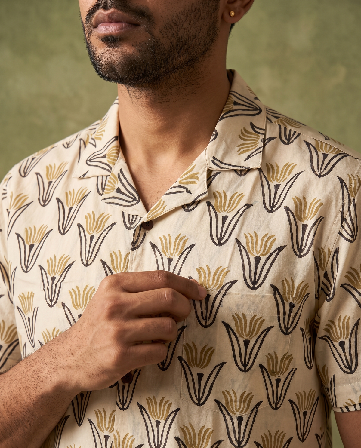 Golden Tulips - Handblock Print - Unisex Pure Cotton Cuban Collar Shirt