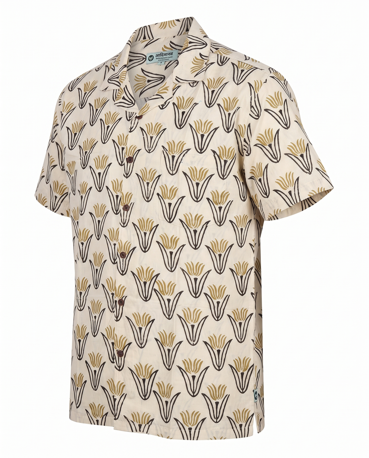 Golden Tulips - Handblock Print - Unisex Pure Cotton Cuban Collar Shirt