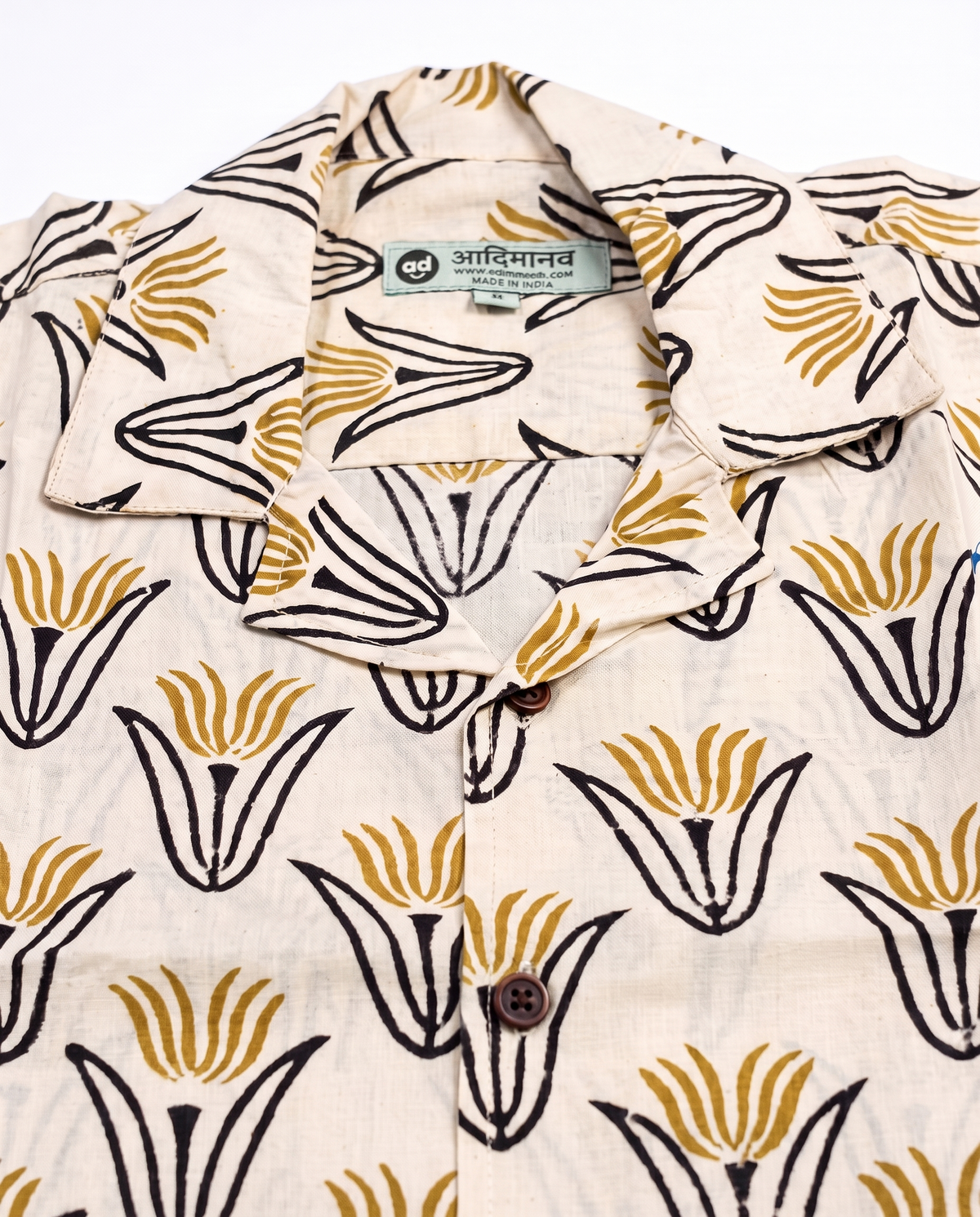 Golden Tulips - Handblock Print - Unisex Pure Cotton Cuban Collar Shirt