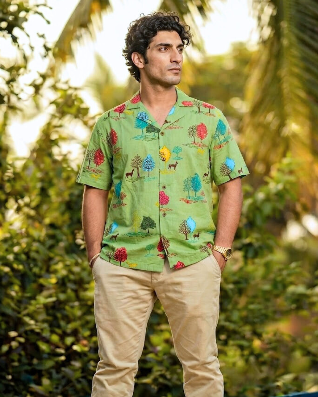 Green Days - Sanganeri Print - Unisex Pure Cotton Cuban Collar Shirt