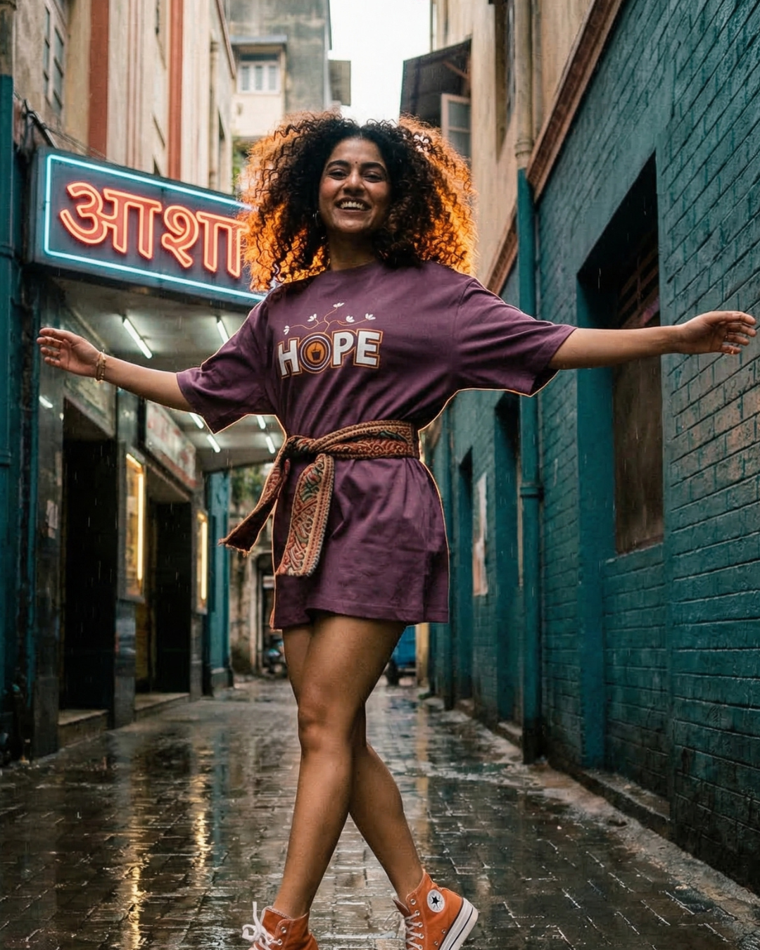 Woman in a purple 'HOPE' t-shirt standing in an alleyway with neon signs.