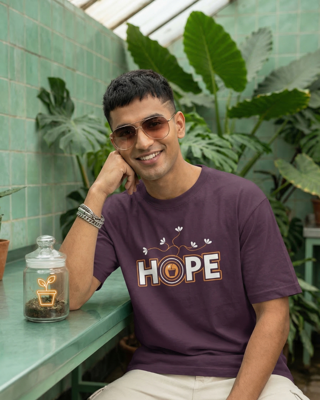 Man wearing a purple 'HOPE' t-shirt in a plant-filled room.