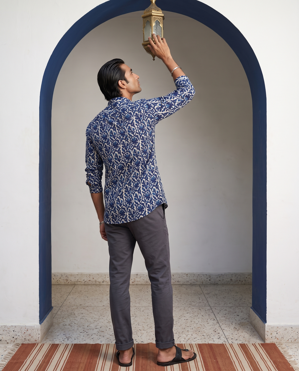 Indigo Anar - Handblock Print - Mens Pure Cotton Short Kurta