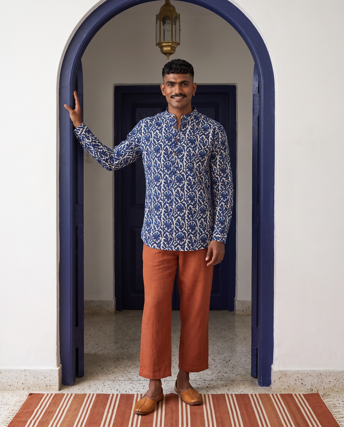 Indigo Anar - Handblock Print - Mens Pure Cotton Short Kurta