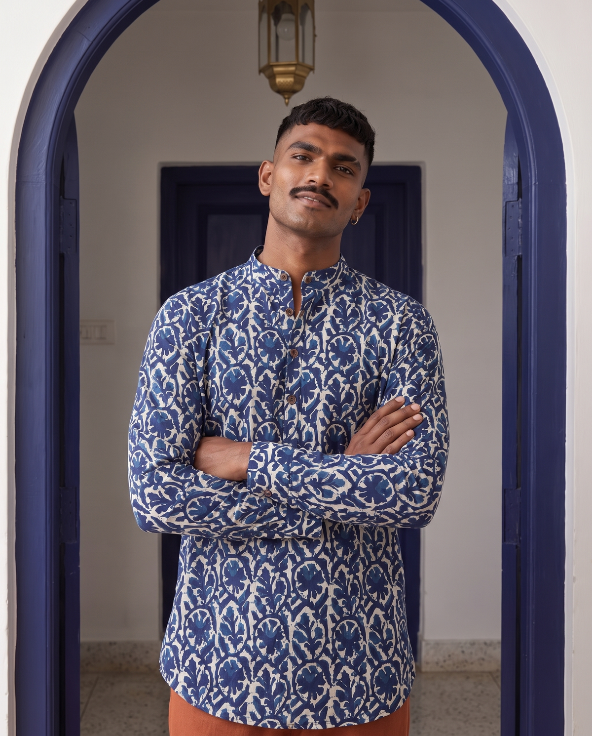 Indigo Anar - Handblock Print - Mens Pure Cotton Short Kurta