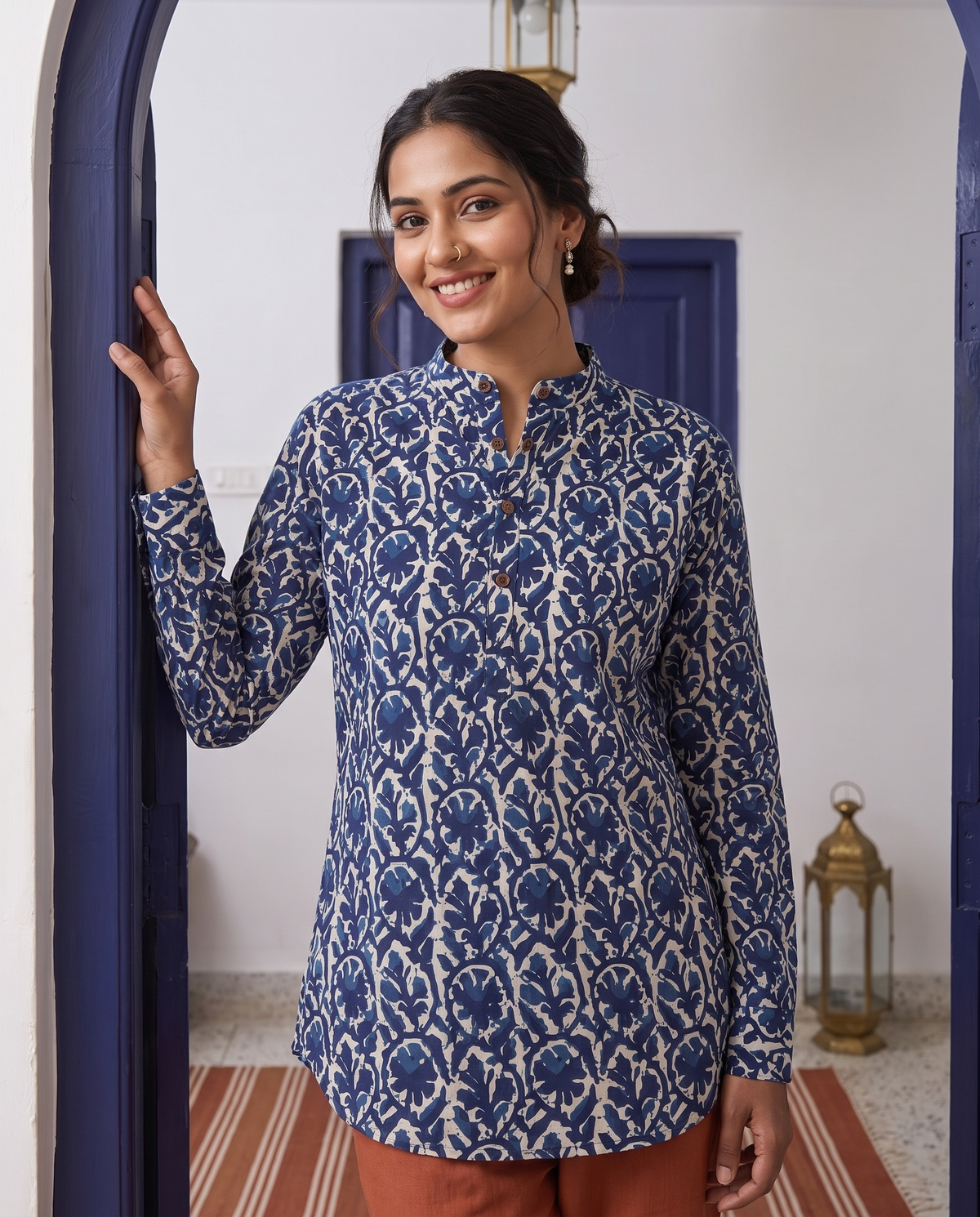 Indigo Anar - Handblock Print - Mens Pure Cotton Short Kurta