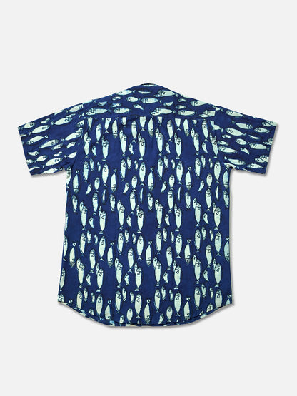 Indigo Fish - Handblock Print - Men’s Pure Cotton Regular Shirt