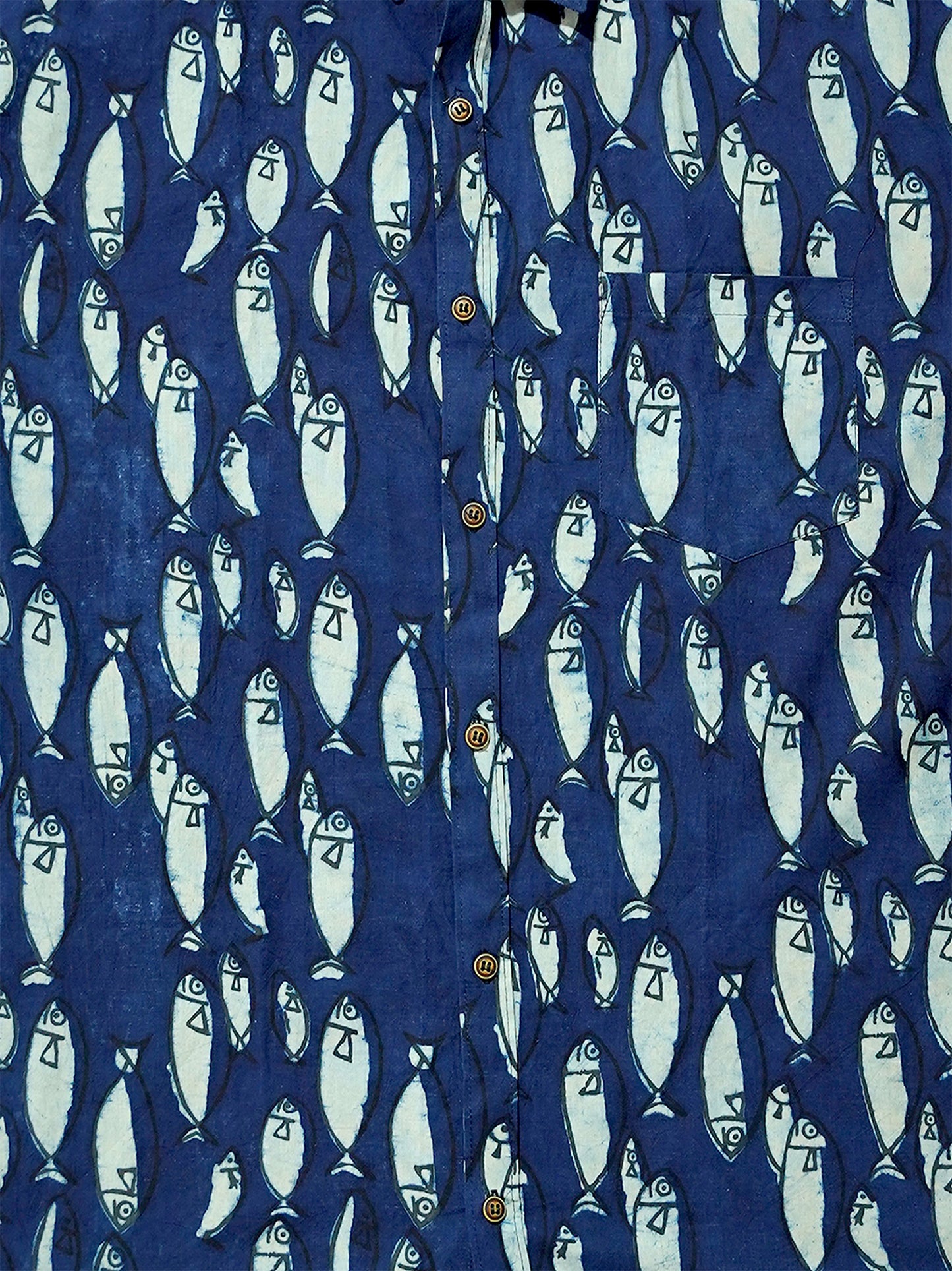 Indigo Fish - Handblock Print - Men’s Pure Cotton Regular Shirt