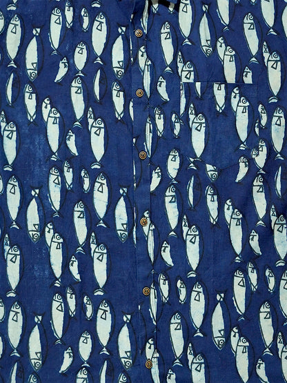 Indigo Fish - Handblock Print - Men’s Pure Cotton Regular Shirt