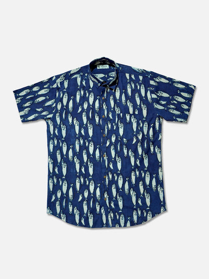 Indigo Fish - Handblock Print - Men’s Pure Cotton Regular Shirt