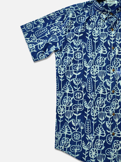 Indigo Folk Motifs - Handblock Print - Men’s Pure Cotton Regular Shirt