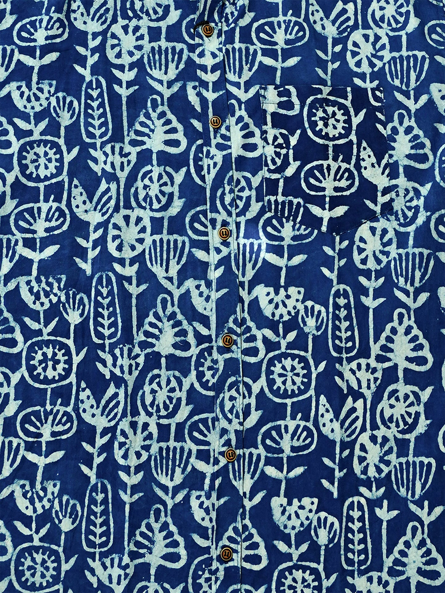 Indigo Folk Motifs - Handblock Print - Men’s Pure Cotton Regular Shirt