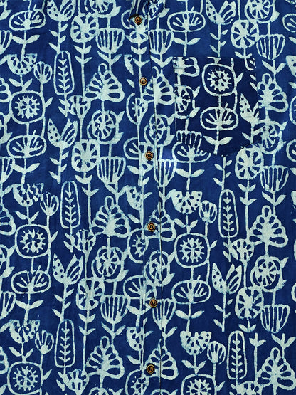 Indigo Folk Motifs - Handblock Print - Men’s Pure Cotton Regular Shirt