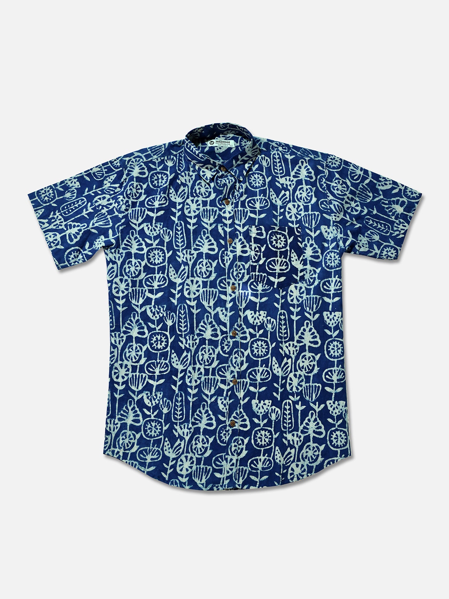 Indigo Folk Motifs - Handblock Print - Men’s Pure Cotton Regular Shirt
