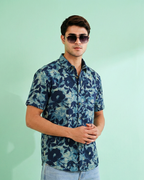 Indigo Leaves - Sanganeri Print - Men’s Pure Cotton Regular Shirt