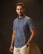 Indigo Stripes - Handblock Print - Men’s Pure Cotton Regular Shirt