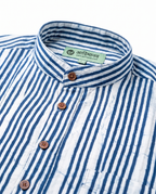Indigo Stripes - Handblock Print - Mens Pure Cotton Short Kurta