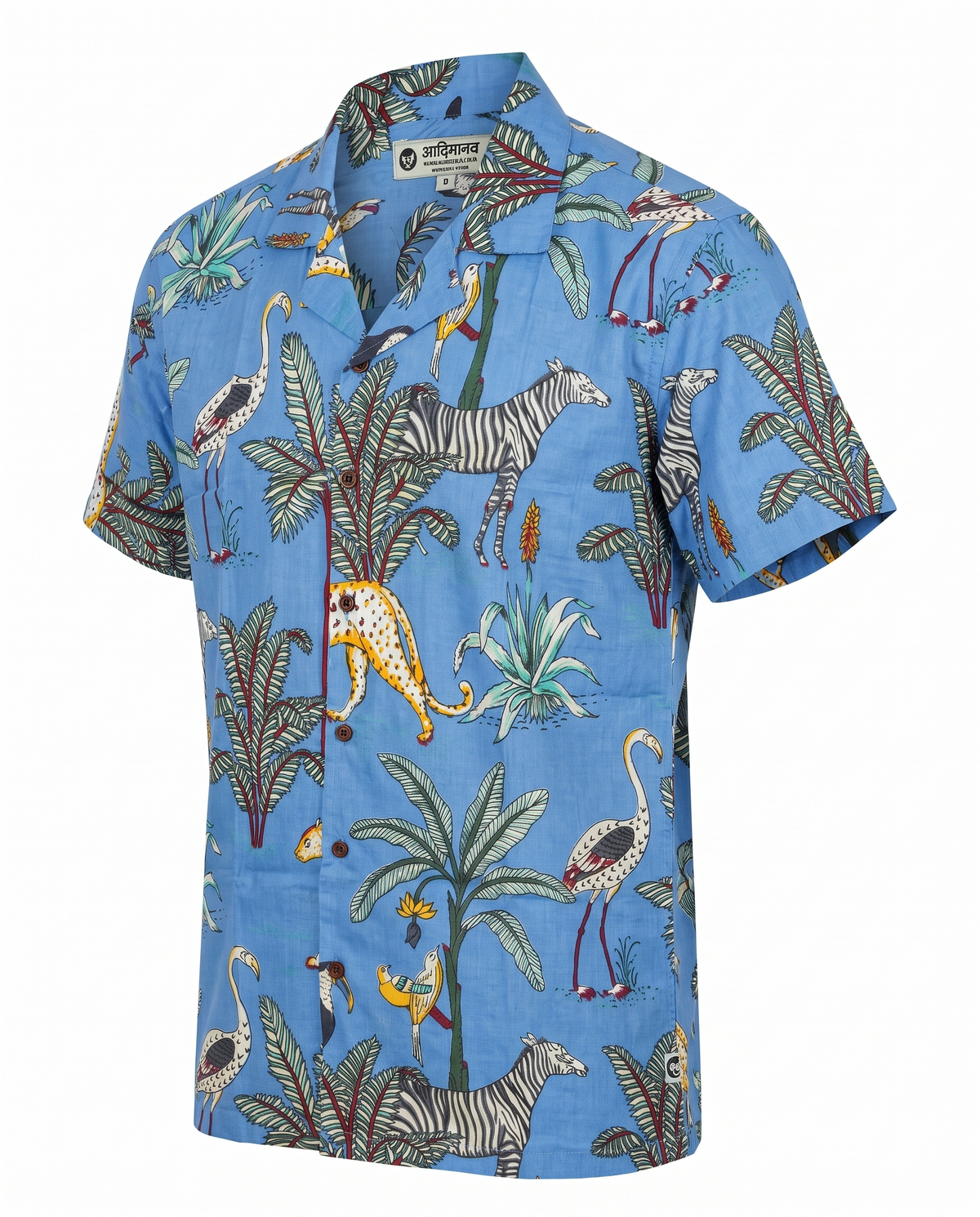 Jungle Pastel Blue - Sanganeri Print - Unisex Pure Cotton Cuban Collar Shirt