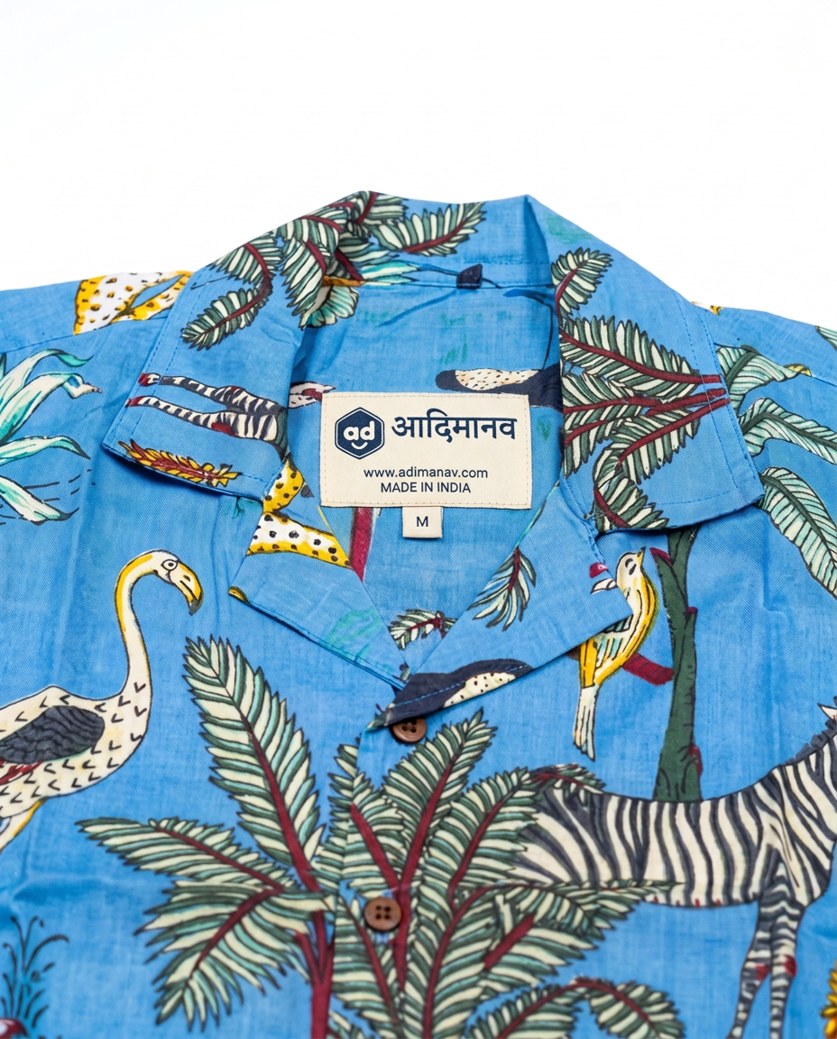Jungle Pastel Blue - Sanganeri Print - Unisex Pure Cotton Cuban Collar Shirt
