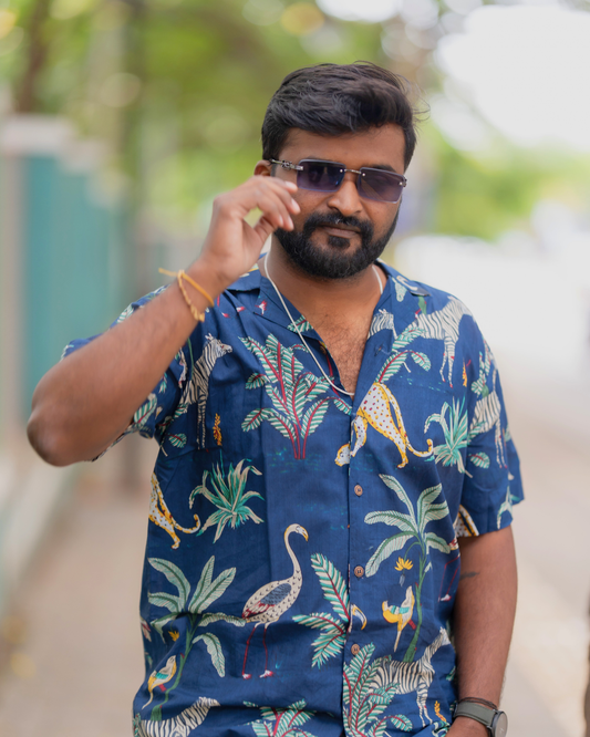 Jungle Blue - Sanganeri Print - Unisex Pure Cotton Cuban Collar Shirt