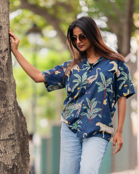 Jungle Blue - Sanganeri Print - Unisex Pure Cotton Cuban Collar Shirt