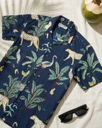 Jungle Blue - Sanganeri Print - Unisex Pure Cotton Cuban Collar Shirt