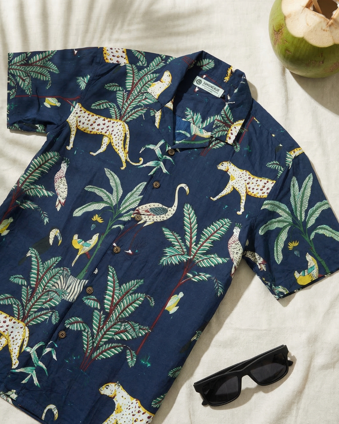 Jungle Blue - Sanganeri Print - Unisex Pure Cotton Cuban Collar Shirt