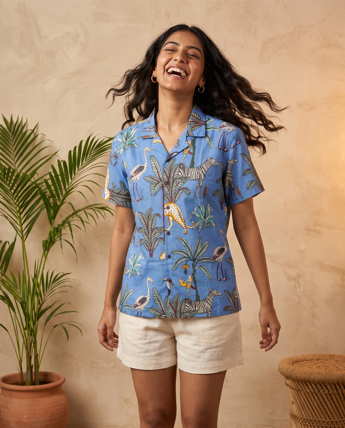 Jungle Pastel Blue - Sanganeri Print - Unisex Pure Cotton Cuban Collar Shirt
