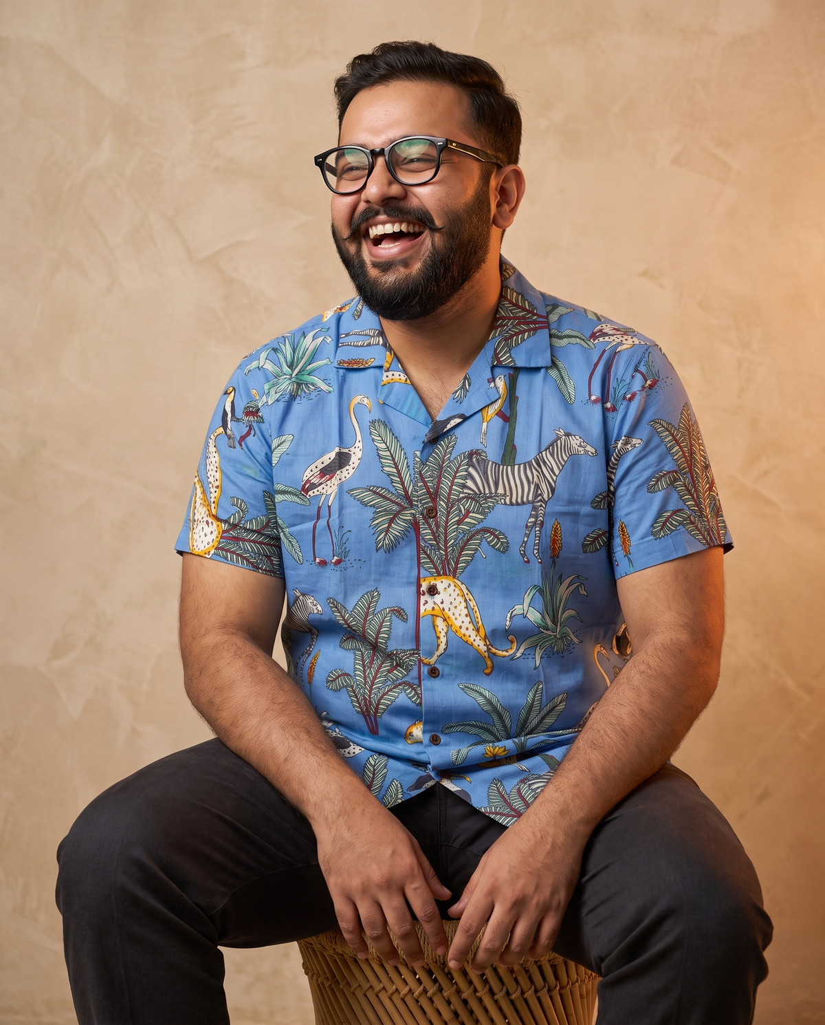 Jungle Pastel Blue - Sanganeri Print - Unisex Pure Cotton Cuban Collar Shirt