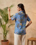 Jungle Pastel Blue - Sanganeri Print - Unisex Pure Cotton Cuban Collar Shirt