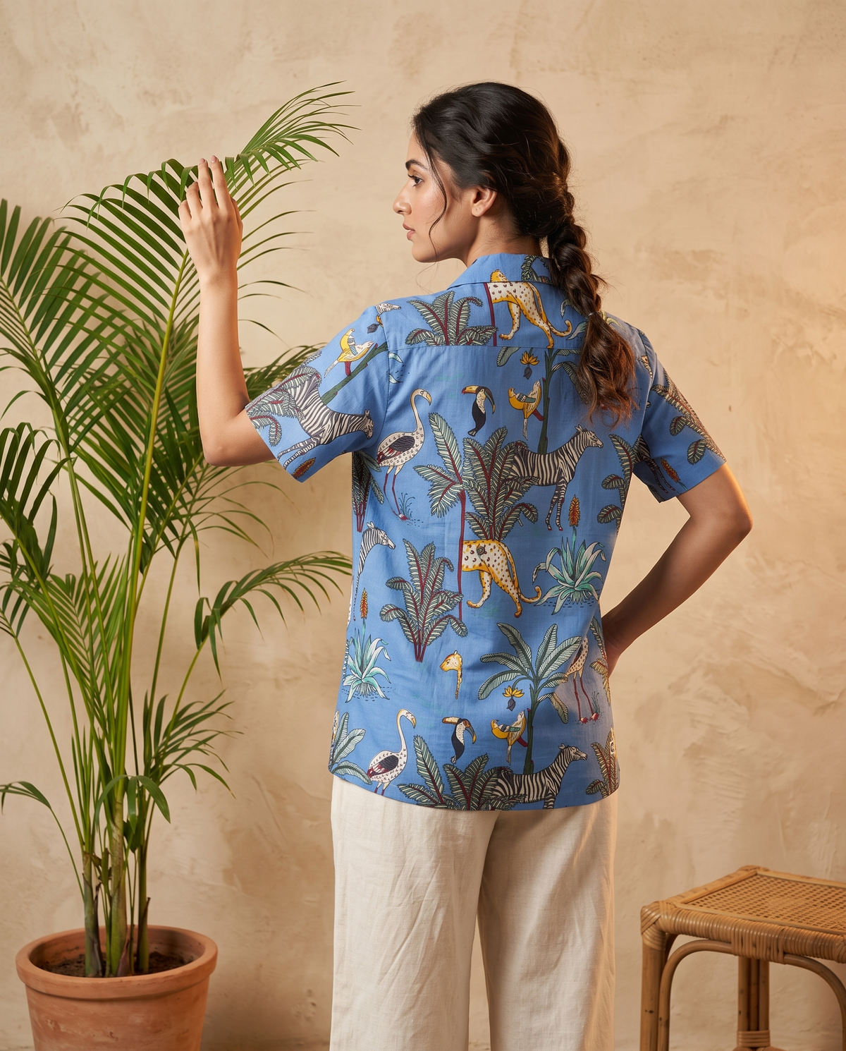 Jungle Pastel Blue - Sanganeri Print - Unisex Pure Cotton Cuban Collar Shirt