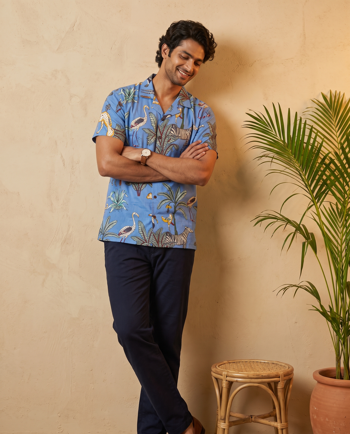 Jungle Pastel Blue - Sanganeri Print - Unisex Pure Cotton Cuban Collar Shirt