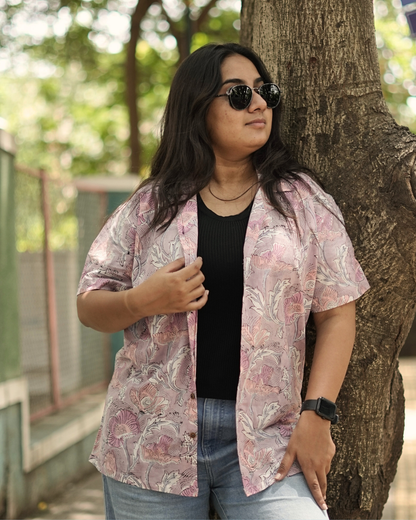 Lavender Poppy Bloom – Handblock Print – Unisex Pure Cotton Cuban Collar Shirt