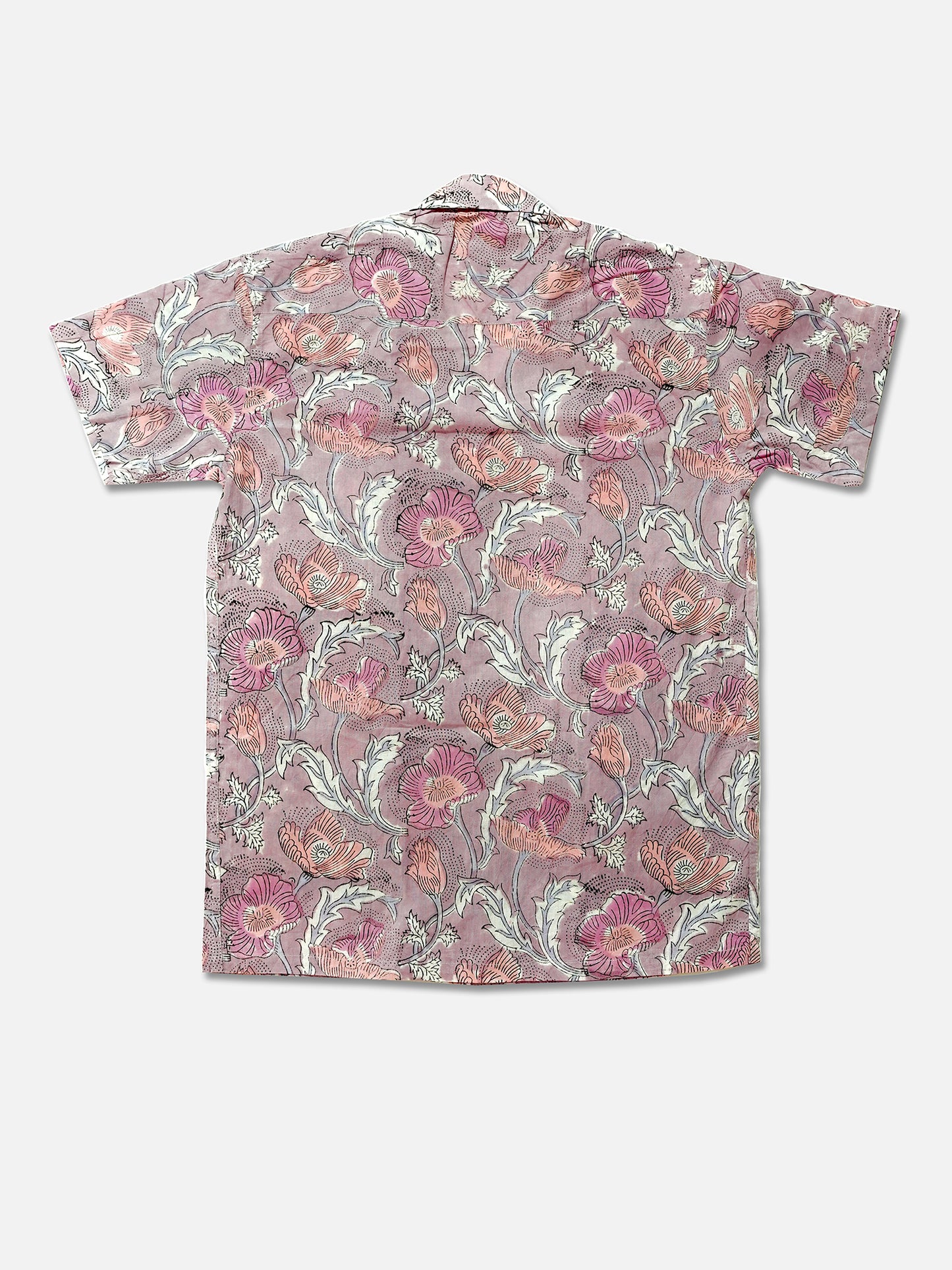 Lavender Poppy Bloom – Handblock Print – Unisex Pure Cotton Cuban Collar Shirt