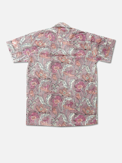 Lavender Poppy Bloom – Handblock Print – Unisex Pure Cotton Cuban Collar Shirt