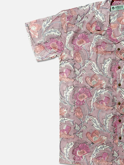 Lavender Poppy Bloom – Handblock Print – Unisex Pure Cotton Cuban Collar Shirt