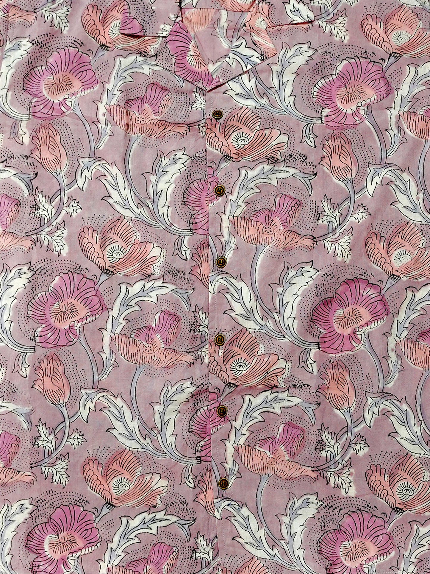 Lavender Poppy Bloom – Handblock Print – Unisex Pure Cotton Cuban Collar Shirt