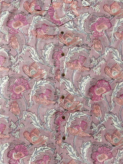 Lavender Poppy Bloom – Handblock Print – Unisex Pure Cotton Cuban Collar Shirt