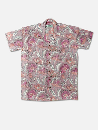 Lavender Poppy Bloom – Handblock Print – Unisex Pure Cotton Cuban Collar Shirt