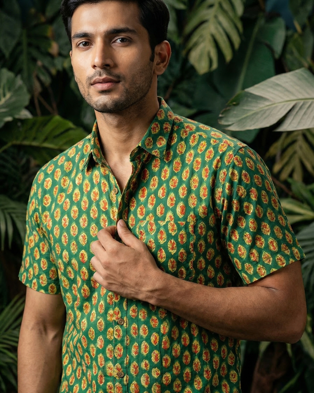 Leafy Green - Handblock Print - Men’s Pure Cotton Regular Shirt