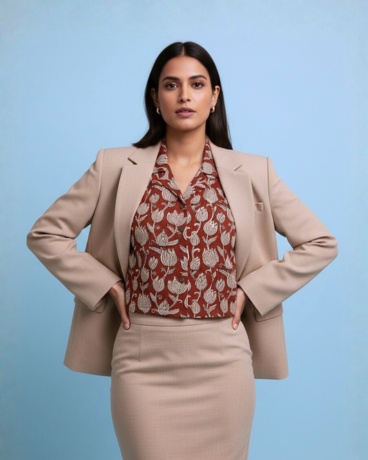 Lotus Buds - Handblock Print - Women’s Pure Cotton Crop Shirt