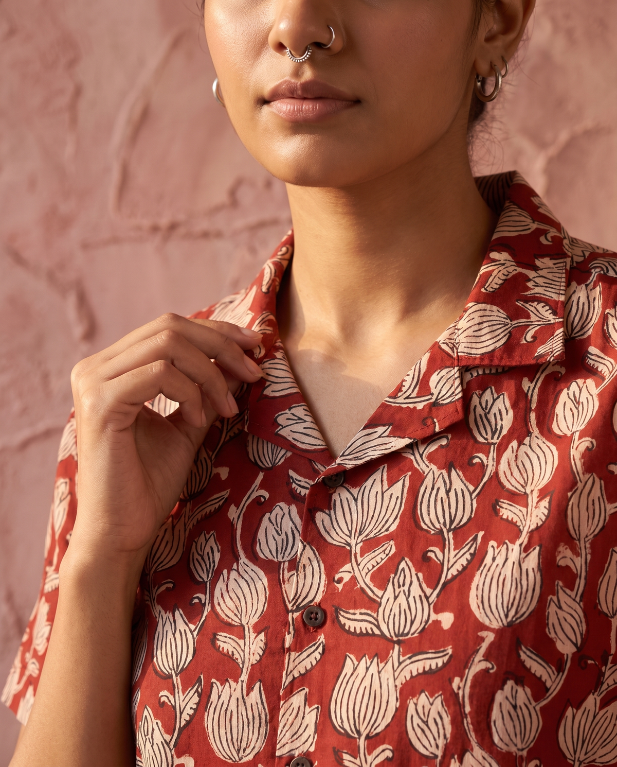 Lotus Buds - Handblock Print - Unisex Pure Cotton Cuban Collar Shirt