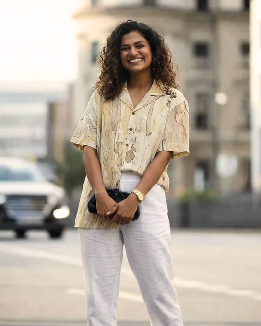 Marble Gold - Handblock Print - Unisex Pure Cotton Cuban Collar Shirt