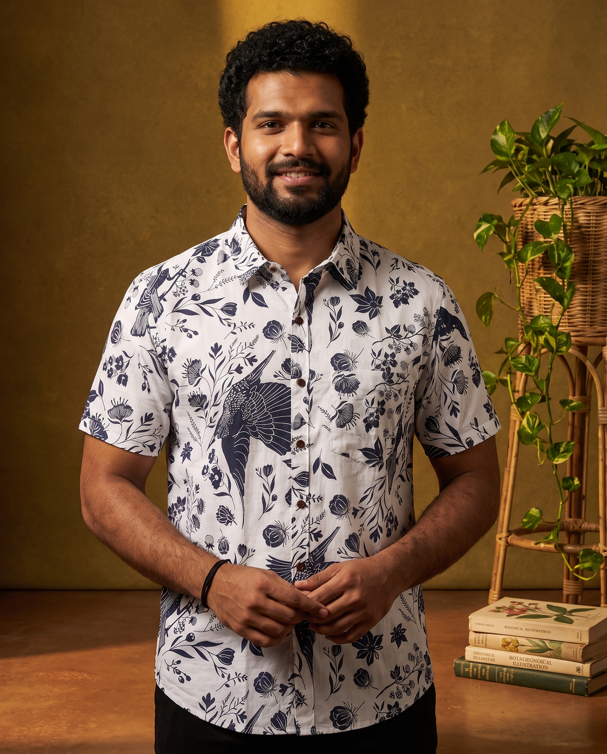 Monochrome Garden - Sanganeri Print - Men’s Pure Cotton Regular Shirt