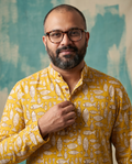 Mustard Fish - Handblock Print - Mens Pure Cotton Short Kurta