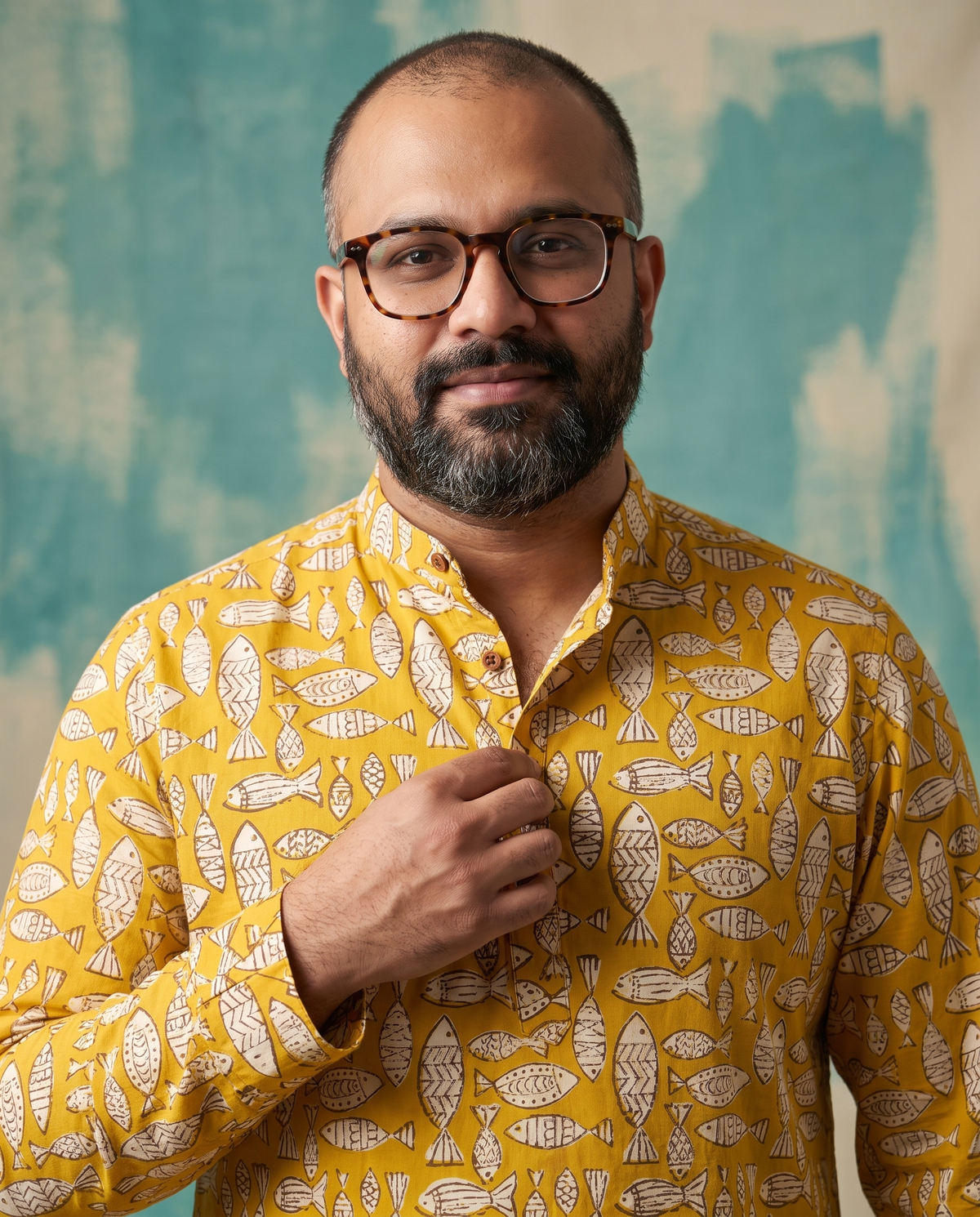 Mustard Fish - Handblock Print - Mens Pure Cotton Short Kurta