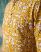 Mustard Fish - Handblock Print - Mens Pure Cotton Short Kurta