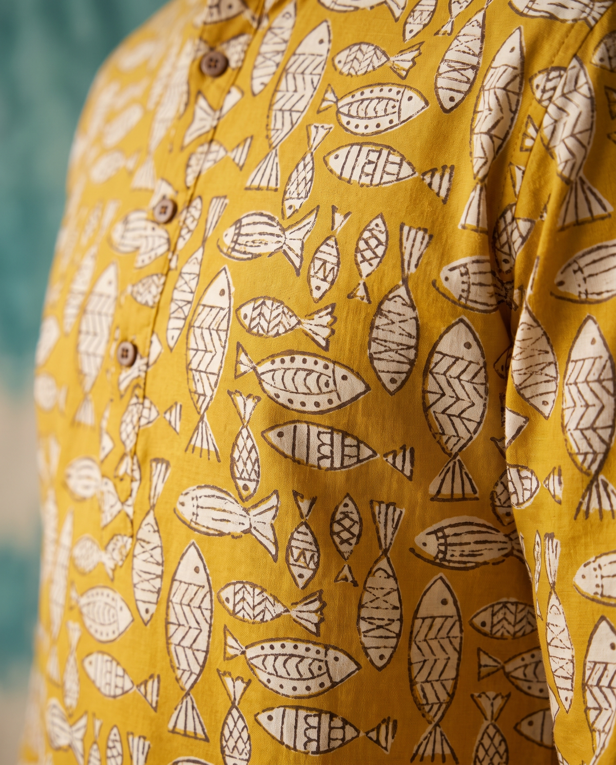 Mustard Fish - Handblock Print - Mens Pure Cotton Short Kurta