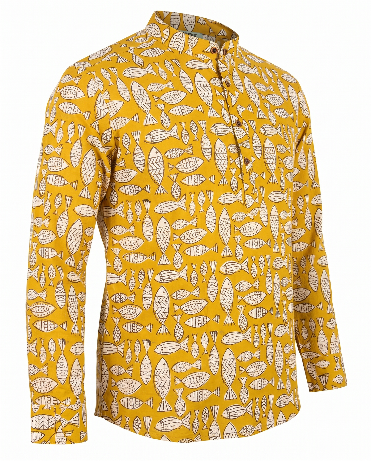 Mustard Fish - Handblock Print - Mens Pure Cotton Short Kurta